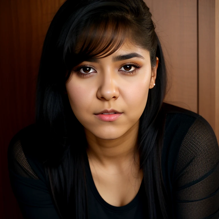 Full body photo, beautiful detailed, cute face, short, slim Mexican , medium black hair, black hair over one eye, long sleeve T-shirt, long pants, solo, voluptuous breasts, emo