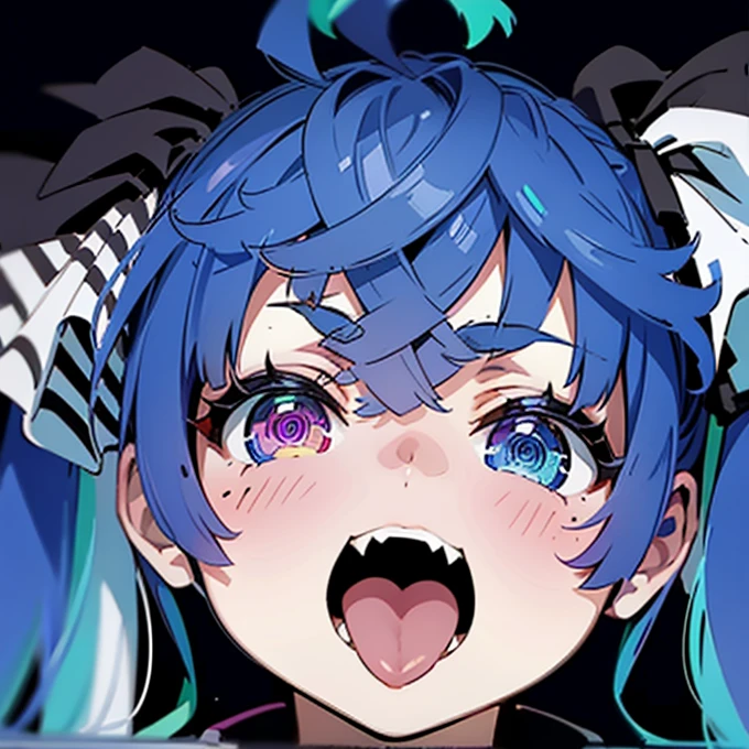 (masterpiece,top-quality,hight resolution,Unity 8k,extremely details CG:1,Best Picture),Close-up angle from the front,Color illustration in the style of asanagi,live stage,perfect lighting,Top-down Bottom-up,Tongue out,Twin_Turbo_Umamusume,(aqua hair, twintails, heterochromia, purple eyes, blue eyes, sharp teeth),