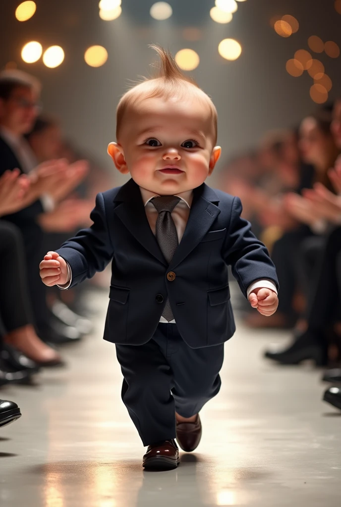 Cute baby with funny giant head wearing muscular business suit in realistic full body fashion show