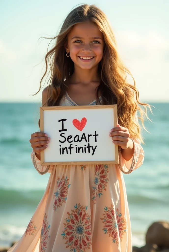 Beautiful girl with wavy long hair, bohemian dress, holding a white board with text "I Love Seaart Infinity" and showing it to the viewer 9:16