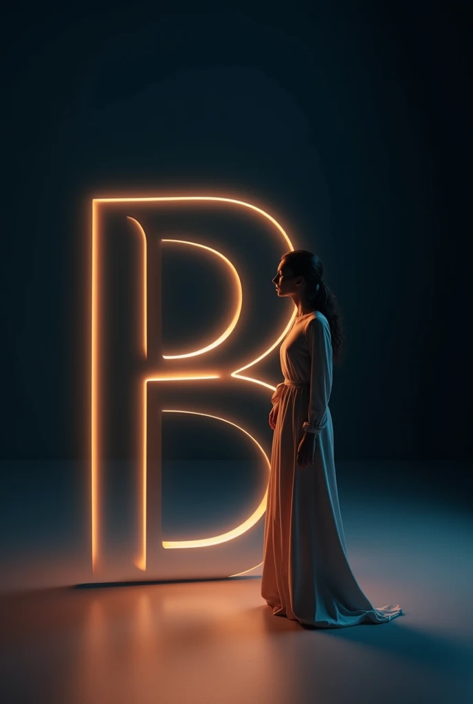 background should be Billal dark gradient to keep the focus on the letter and the person. Ensure that the lighting gives a soft glow to the edges of the 3D letter and casts subtle shadows to add depth