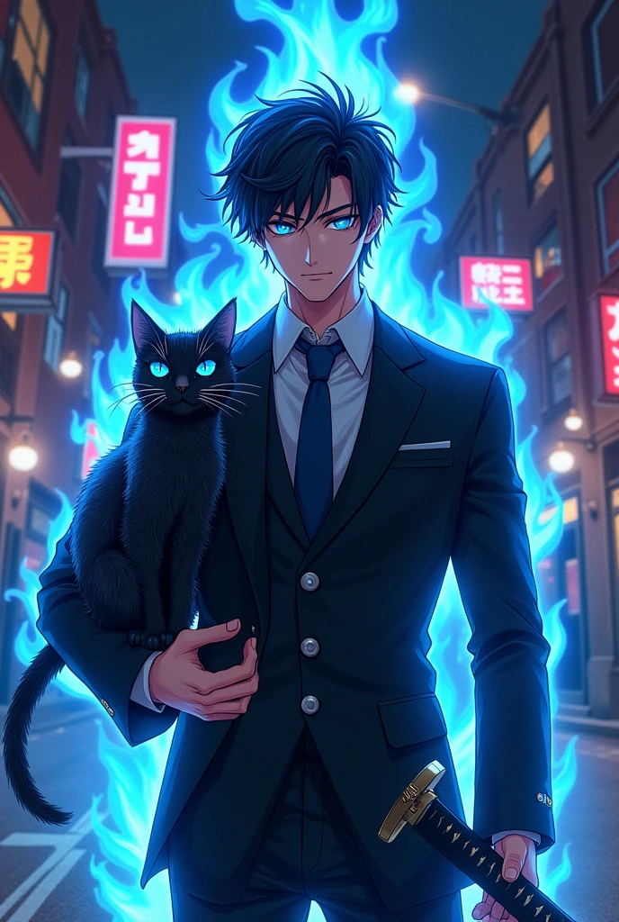 naughty man, mellow, com terno blackw, olhos azuis é cabelos blackws curtos bagunçados, he uses a Japanese sword and has a cat(blackw) blue-eyed. In front of his forehead is a blue flame and his sword is imbued with blue flames as well.. Make anime style