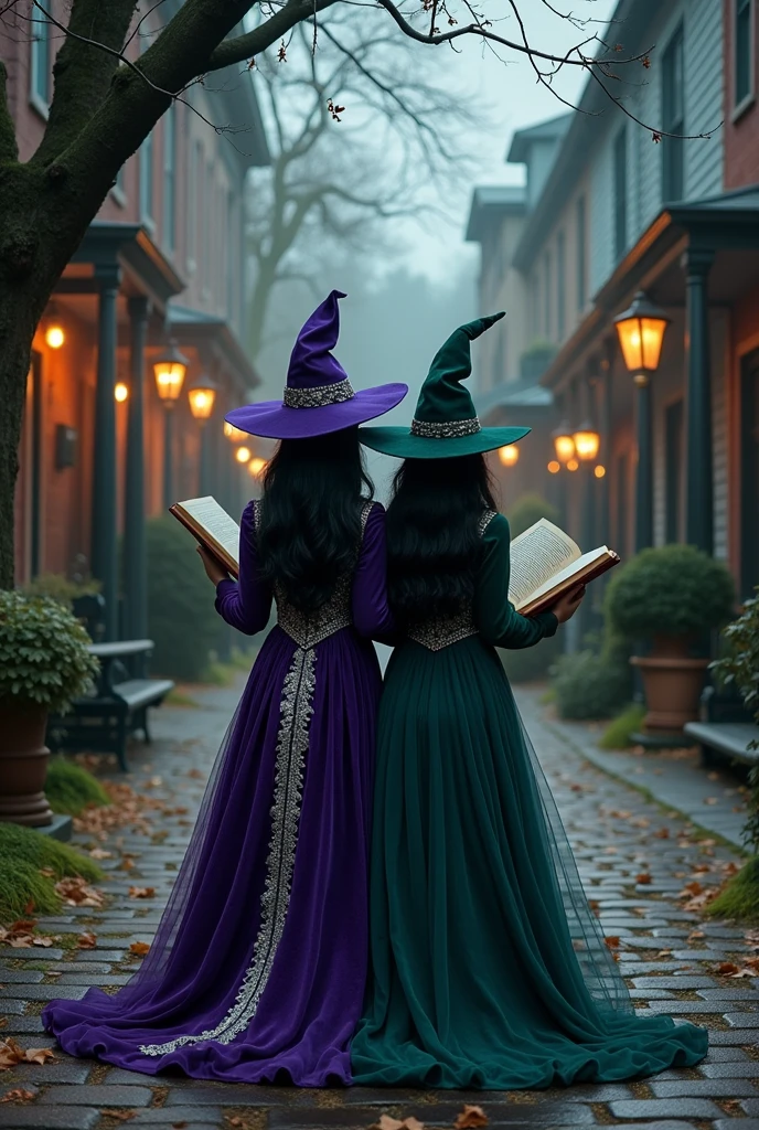 Make me two friends with their backs to me, each one reading a book, Let the books be seen, one with shoulder length wavy hair and the other with long hair, straight hair, Both with black hair and dress them like witches without hats with a Disney and magical and old style and the landscape of Salem