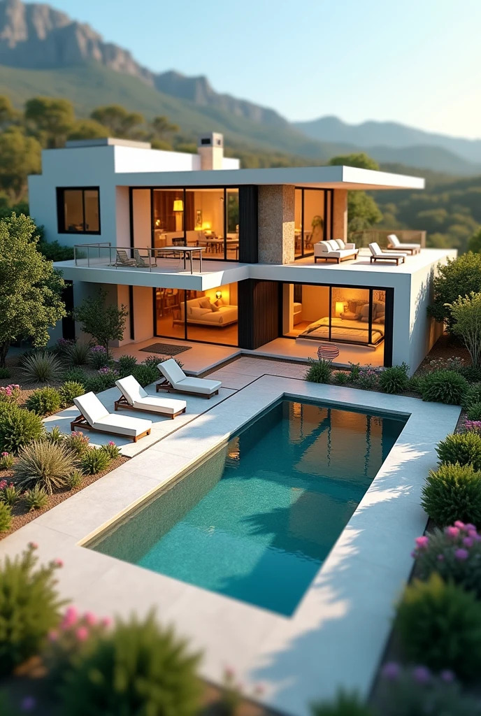 1 scale model:50 plans and model with patio, picina, a large entrance, four bedrooms living room, kitchen