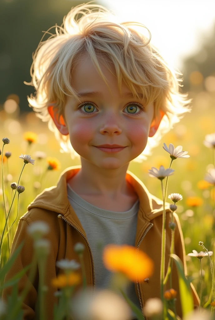Blond boy with green eyes realistic image 