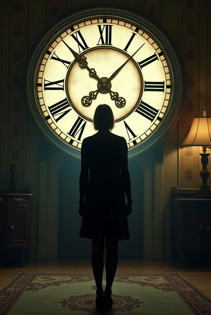 A human shadow standing in front of a huge clock