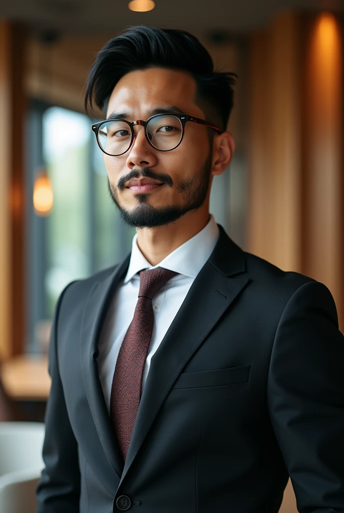 1boy,30 ages ,people of VietNam descent, handsome male, face, beard, office background, wearing glasses, suit outfit, very attractive, blurry_background, (high detailed skin:0.8), 8k uhd, dslr, soft lighting, HDR, warm light, high quality, film grain, Fujifilm XT3,