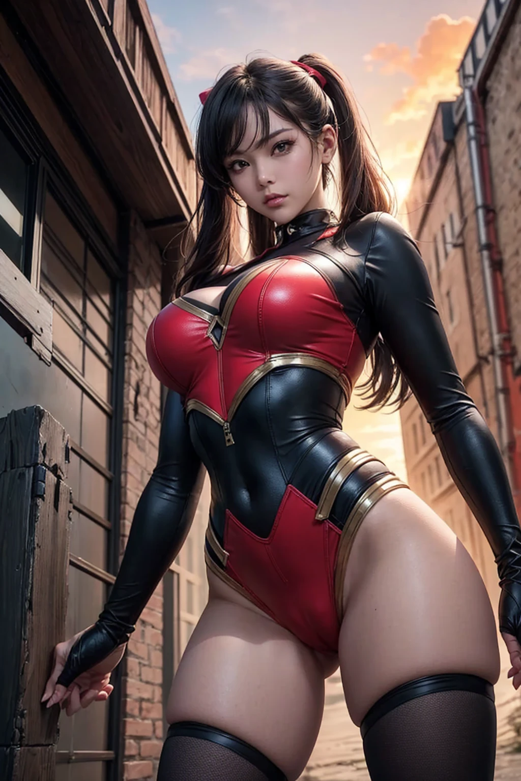 Huge weapons(((A strong, brave face))), A brave and courageous image of a five-member ranger team, woman, Each is adorned with vibrant colors.、:: Bright pink, (((red))), black, Fluorescent blue, Shocking Yellow. エネルギーと勇気を醸し出す背景 dynamic trace, Embodying the essence of the classic Sentai superhero team. Each Ranger:: The clothes are sophisticated and modern, Each color has elements that reflect its theme., Ready for action. dynamic trace, Fighting Pose, ((Camel Toe)), neon, sunset, fire, flash, Backlight, plasma,