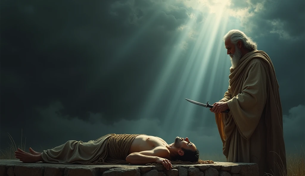 "Create a detailed digital artwork depicting the biblical scene where Abraham is about to sacrifice his son Isaac, who is around 20 years old. Isaac lies bound with ropes on a stone altar, his eyes closed in peaceful resignation, as if he is asleep. Abraham, an elderly man with a solemn and sorrowful expression, stands over him, holding a knife, ready to complete the sacrifice. A beam of divine light pierces through the dark, cloudy sky, casting a dramatic glow on the figures while the background remains in deep shadow. The image should focus on intricate details, such as the texture of the ropes, the peaceful expression on Isaac's face, and the contrast between light and darkness, all rendered in a high-definition digital art style."