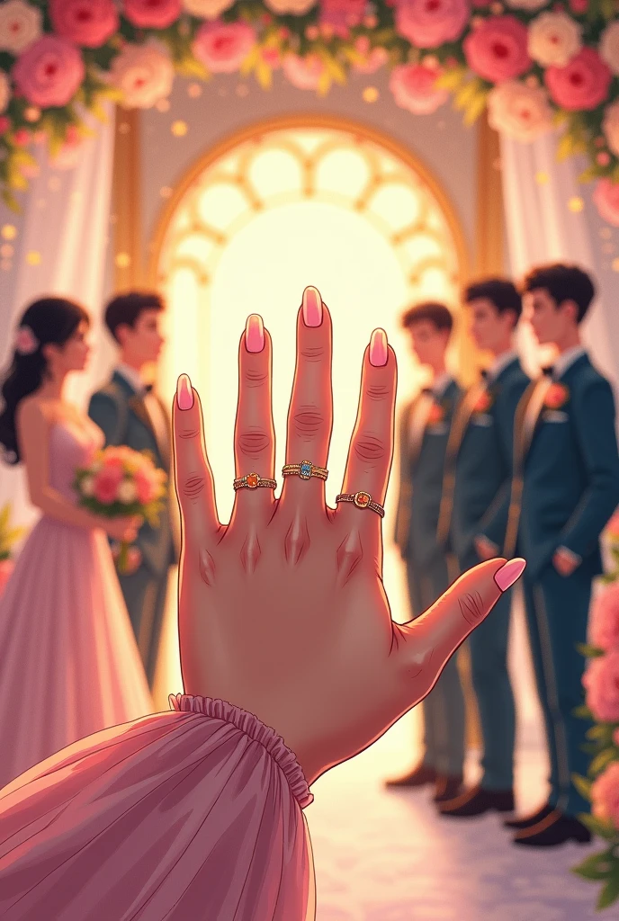 A woman's hand with 5 fingers wearing one ring marrying 5 grooms, scene in the wedding hall manhwa version