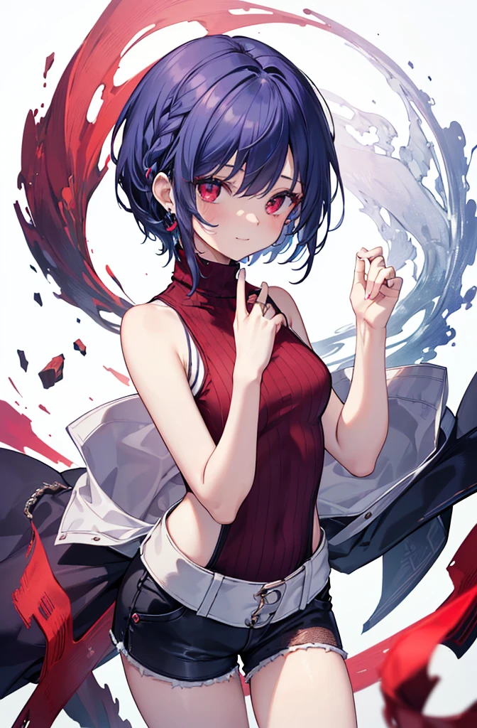 {{masterpiece}}, The best quality of life, 超High resolution, Attention to detail, high quality, High resolution, 最high quality, 4K, 8k,Attention to detail,(((Perfect hands)))、I have only five fingers,((short indigo hair、Deep blue short hair)Braided Hair) 、 Cute female, 、One woman、(((Crimson Eyes、Red eyes、Red　eyes、Beautiful attention to detail,A woman with beautiful eyes)))、Expressionless adult woman、((White background))、small but well-shaped breasts,、(((Modern Fashion,Sleeveless turtleneck knit、Shorts)))、standing smiling、Cute Smile、Small earrings、They are wearing a ring on their right pinky finger.