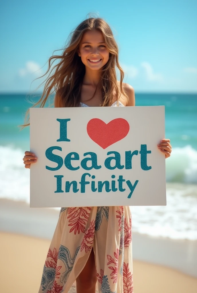 Beautiful girl with wavy long hair, bohemian dress, holding a white board with text "I Love Seaart Infinity" and showing it to the viewer 9:16