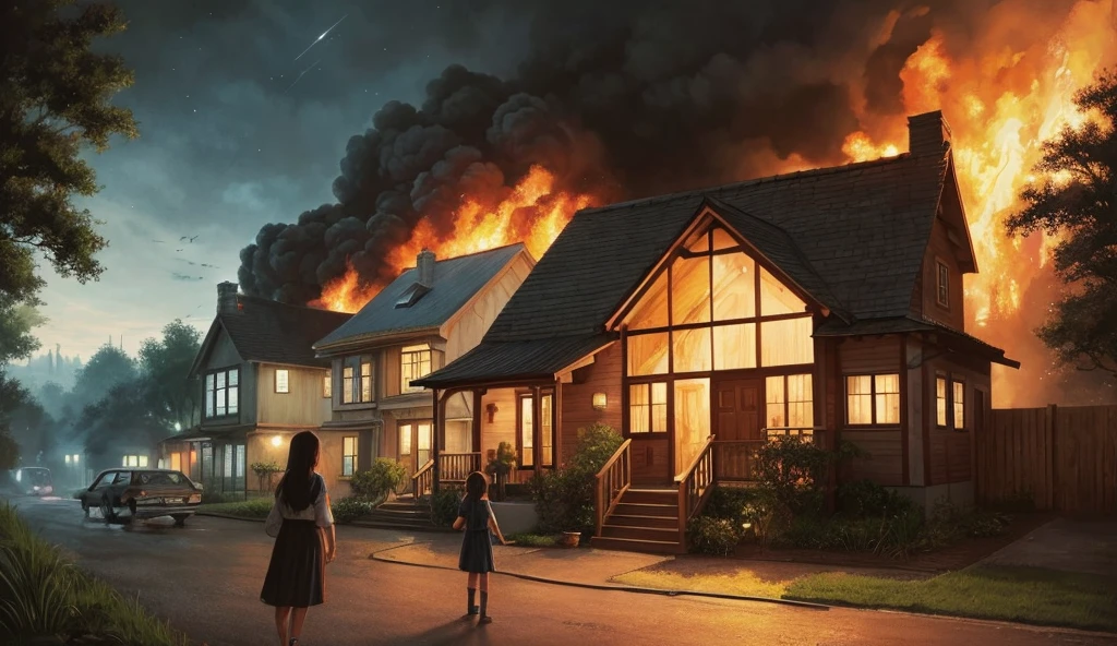 A painting by a person with a mental disability、Drawn with crayons、A girl in the middle、A house on fire behind、Left is dark、Right is bright、Artistic, Diversity, Concept Art, 