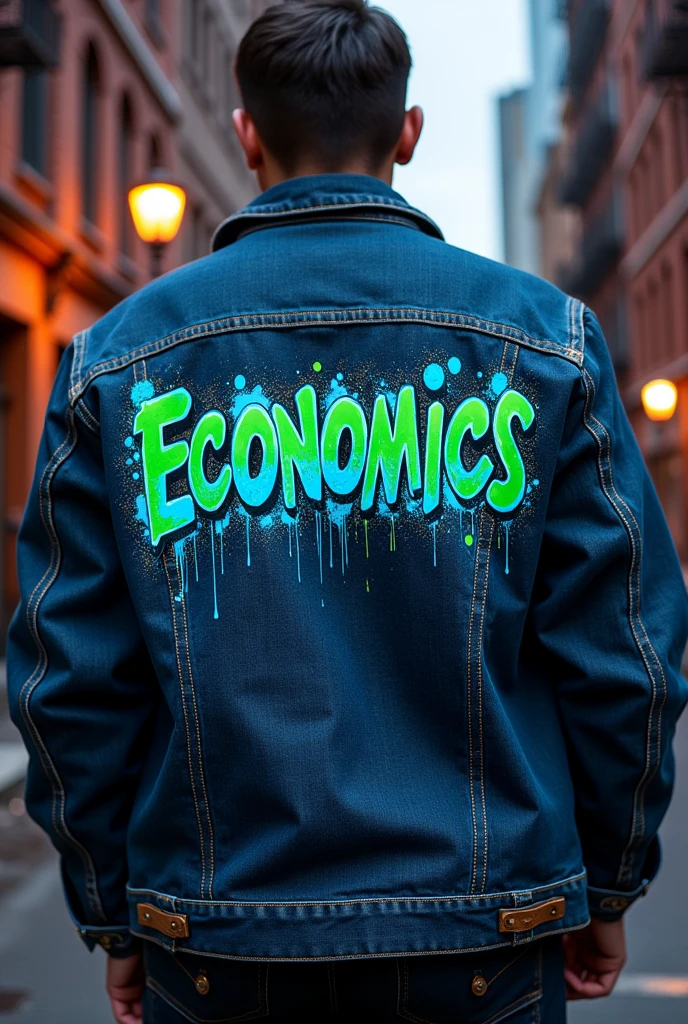 Economics written in graffiti design on back of jacket in single line