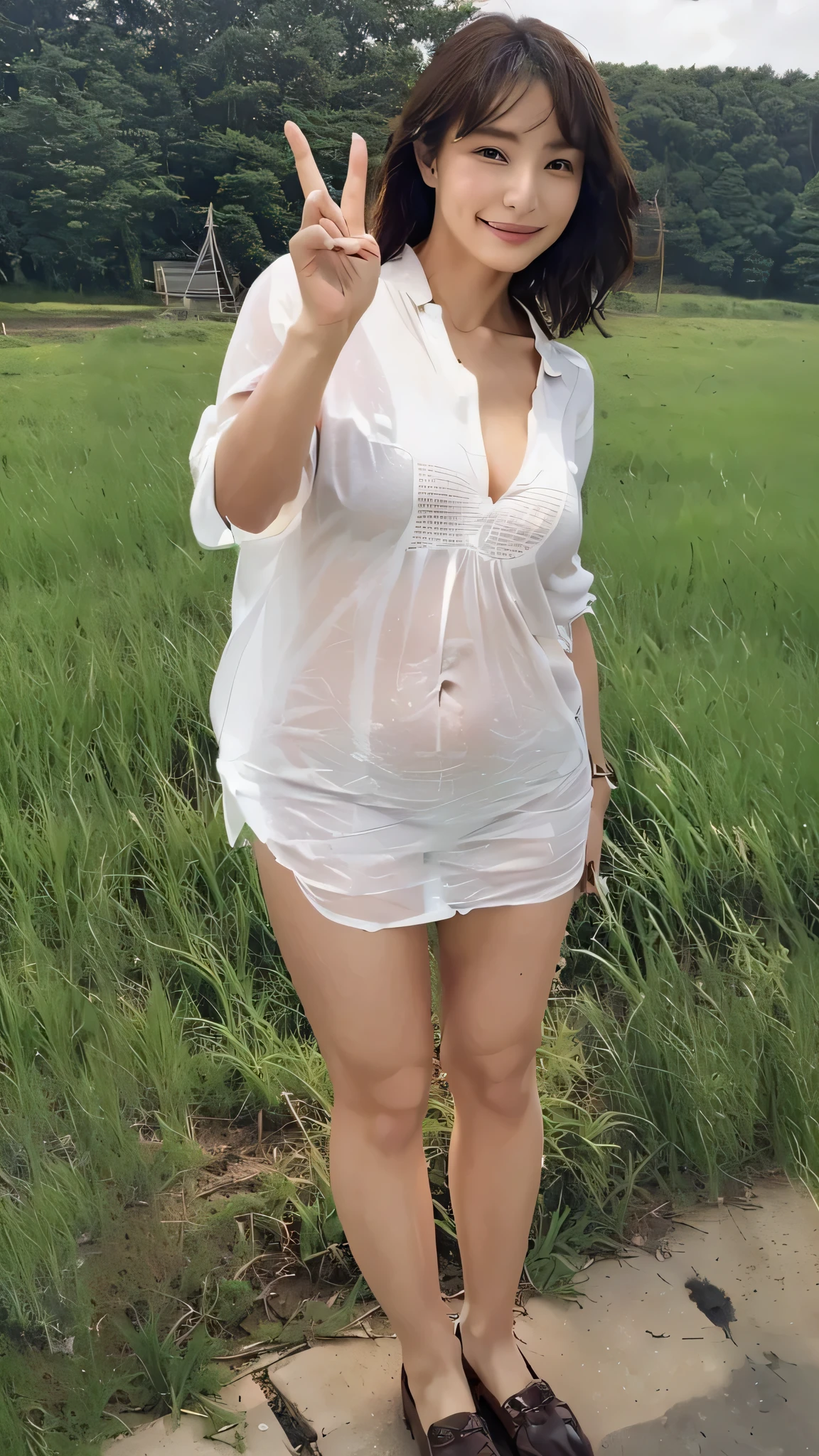 A woman in her fifties wearing a white shirt and brown shoes standing on the sidewalk, In a wet white short dress, White tunic, Dressed in white, a beautiful woman in a white dress, standing In the grassland, Standing in the grassland, In the grassland, A vast green field of grass, In the grassland, In the Field, Non-nude, clothed portrait,(16K, ultra highres:1.2),(masterpiece:1.2),(best quality:1.4),(RAW photo:1.2),(realistic, photo realistic:1.3),(ultra detail:1.2),(sharp focus:1.3),detail background,cinematic light,best shadow,attractive,beautiful skin,,cowboy shot,look at viewer,sun light,
(1 girl, solo),beautiful face,pretty idol women,smile,medium breasts,navel,short hair,(shiny skin), (Wet:1.0),(sweat:1.0),(slim body),(abs:0.8),cocoa skin,
