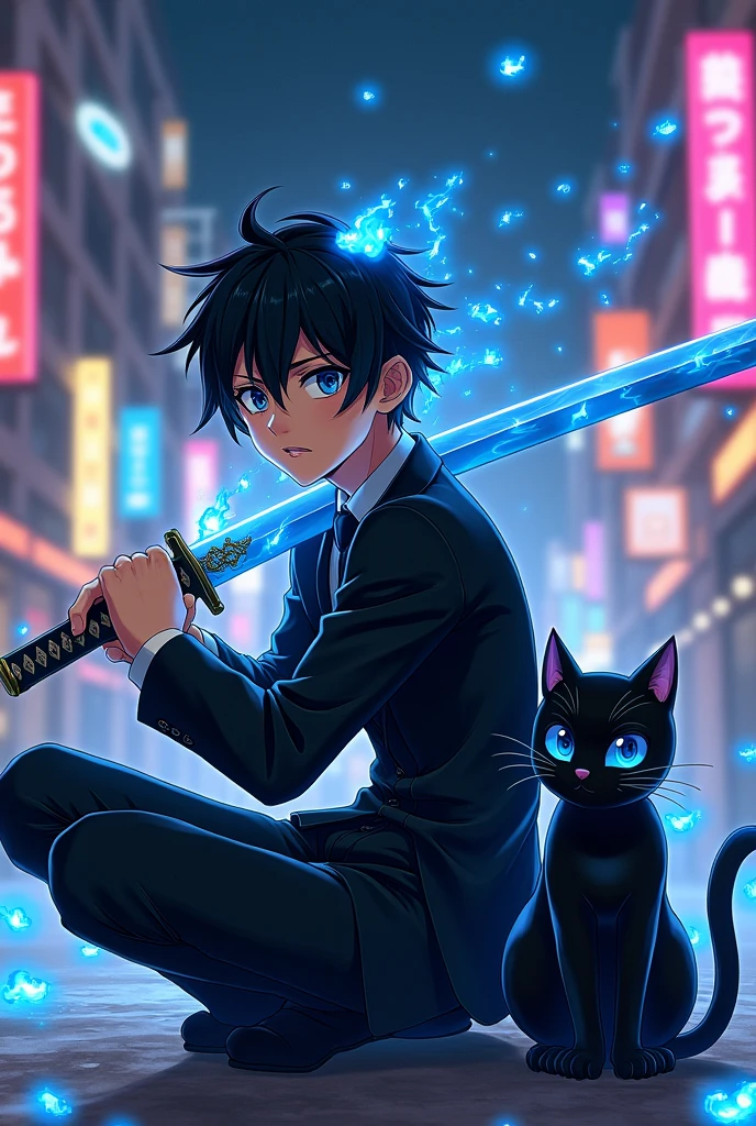 naughty man, mellow, com terno blackw, olhos azuis é cabelos blackws curtos bagunçados, he uses a Japanese sword and has a cat(blackw) blue-eyed. In front of his forehead is a blue flame and his sword is imbued with blue flames as well.. Make anime style