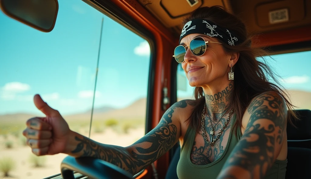 Mature woman, solo, behind the wheel of a massive truck, Wild Bitch MILF at the helm, Veteran female truck driver with an air of confidence and arrogance. Black tribal tattoos adorn her neck to shoulders as she drives through Arizona's white wilderness. A Bandana with a white skull pirate mark on black background covers her forehead, mirrored sunglasses perched on top, a dog tag around her neck. Worn moss green tank top showcases her large breasts. One hand steers the truck while the other gives a thumbs up from the left window. Clear blue eyes narrowed against the strong sunlight, reflected in her mirrored shades.