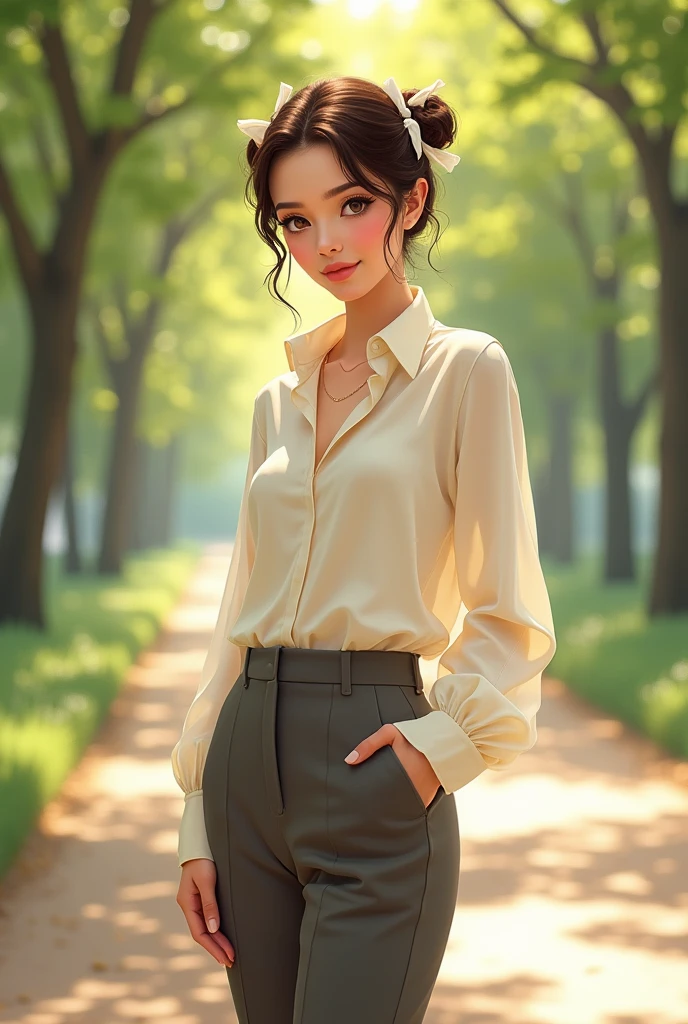 Hi, I want a full-body woman with dark cream pants., light cream colored long sleeve blouse and hair tied with bows