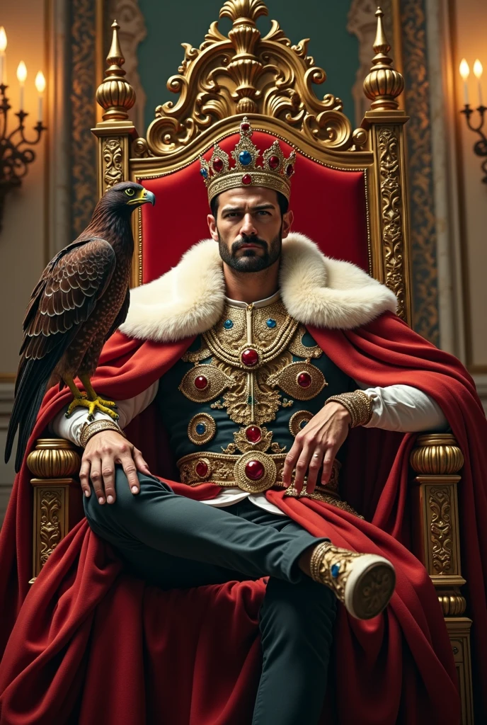 Imposing, strong, and handsome emperor with European features wearing a crown and holding a scepter sitting on a throne with a falcon. 