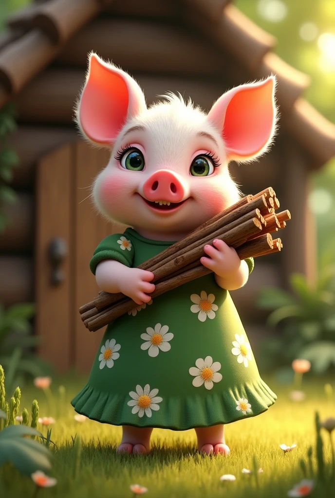 full-body illustration, (1piglet:1.2), (dark green eyes:1.2), (cute and chubby:1.3), carrying a heap of long wooden logs in hand, wearing a long green floral dress with white flowers, standing on hind legs, (adorable expression:1.3), big blue eyes, small snout, (realistic fur texture), (nature background:1.2), surrounded by grass, ((building a small house made of wooden sticks)), standing in front of a small house made of wooden logs and beautiful wooden door, sunlight filtering through the leaves, (soft lighting:1.3), (warm and bright color scheme:1.3), (highly detailed), (ultra quality:1.3), (masterpiece), (digital art), 8K resolution, HDR, depth of field, (soft shadows), (photorealistic:1.3), (animation:1.2), (by Greg Rutkowski:0.9), (in the style of Alphonse Mucha), trending on ArtStation, award-winning art