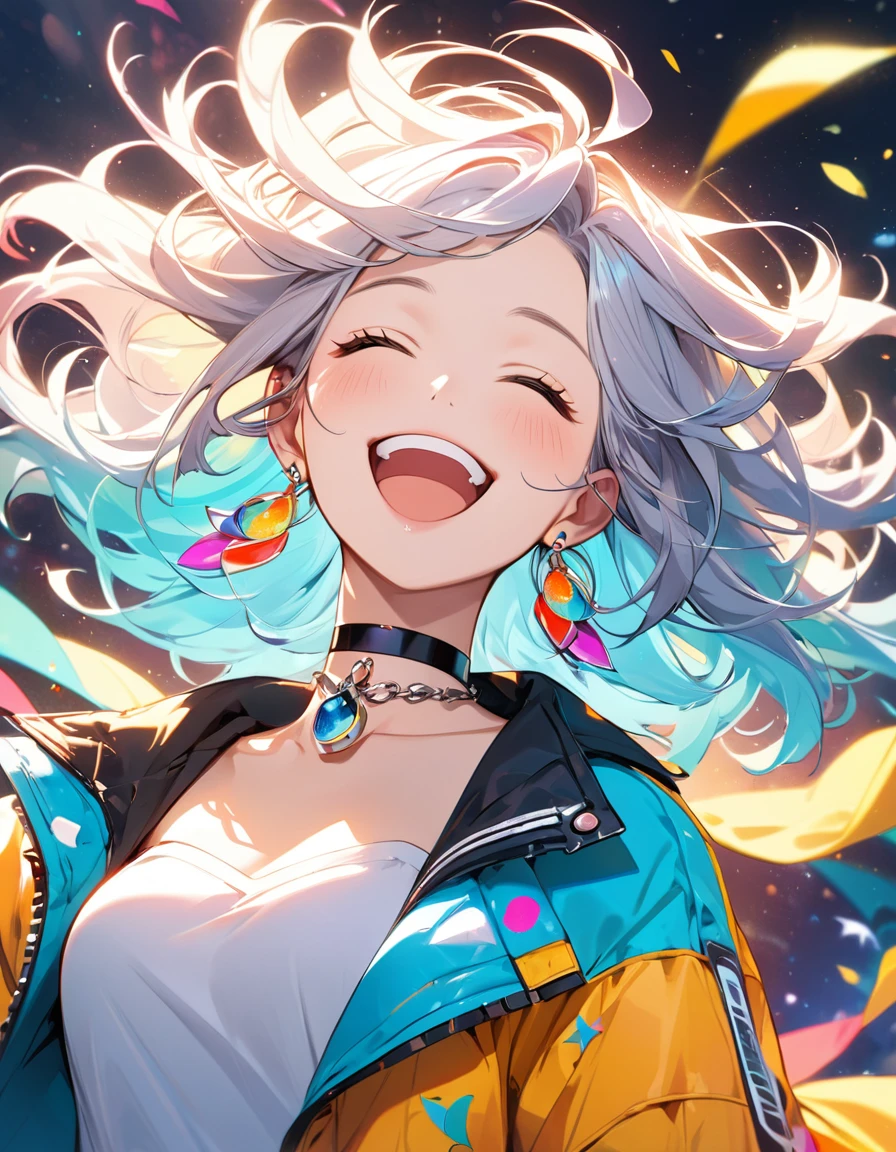 best quality, beautiful, 8K, very happy face, smile open mouth, close eyes, looking above, slim, jacket, earrings, choker, concept, colorfull