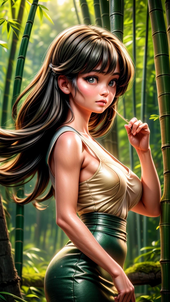 A girl practicing tai chi in a bamboo forest, beautiful detailed eyes, beautiful detailed lips, extremely detailed eyes and face, long eyelashes, graceful pose, tranquil expression, natural lighting, serene atmosphere, lush greenery, (best quality,4k,8k,highres,masterpiece:1.2),ultra-detailed,(realistic,photorealistic,photo-realistic:1.37),landscape,natural light,warm color tones,environmental portrait