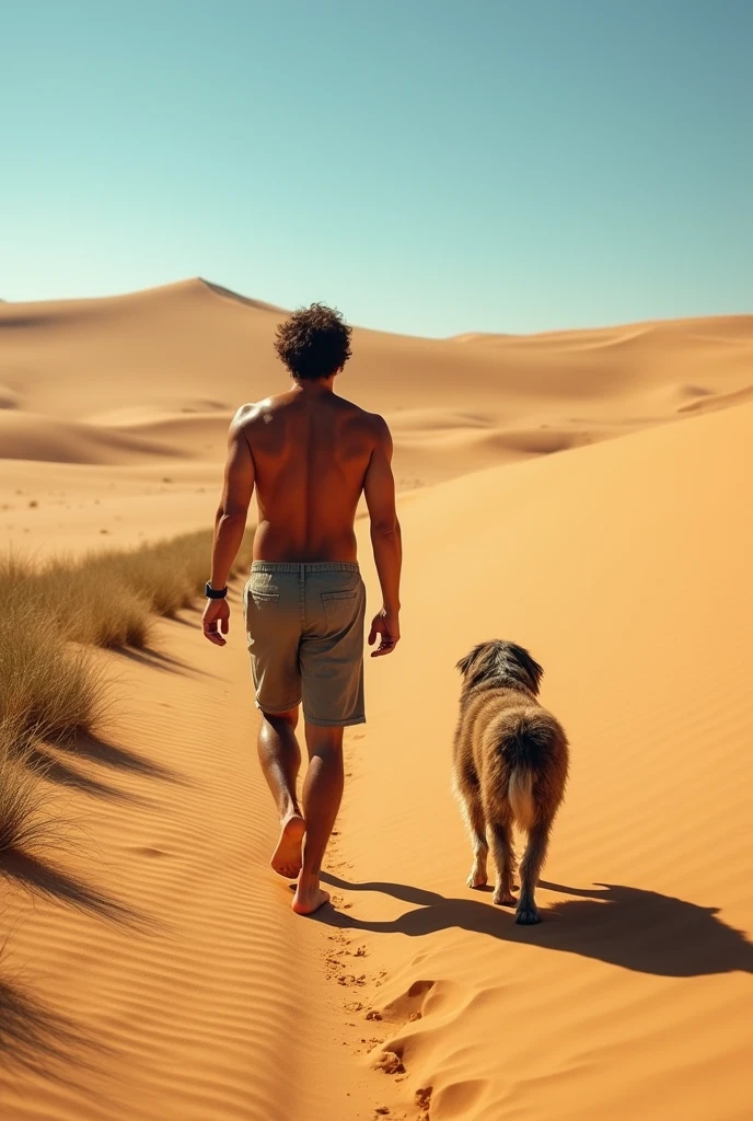 A man walking barefoot on a long desert road, with a dog walking beside him.