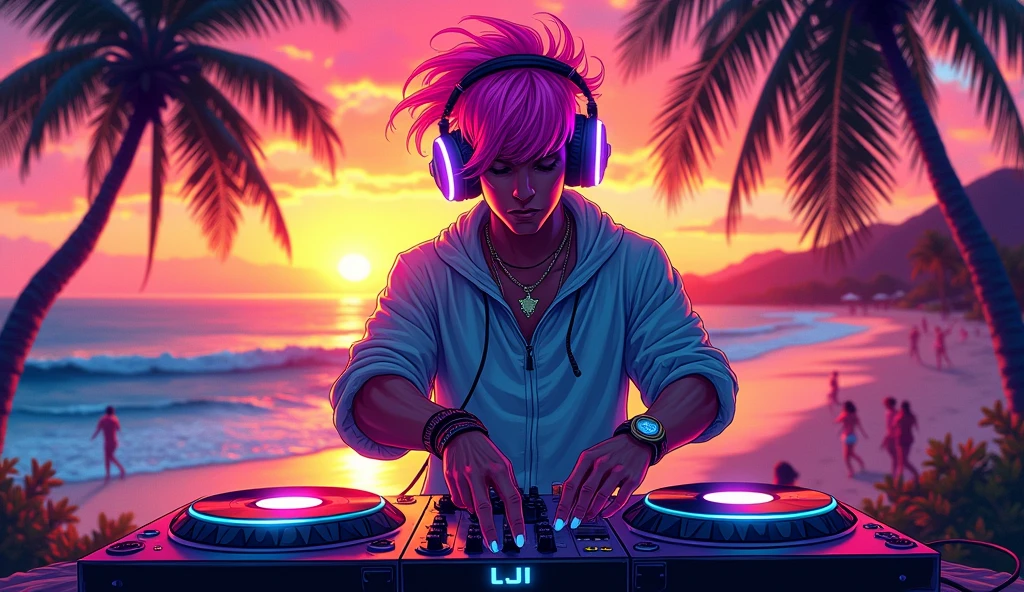 artistic illustration, a DJ , in the background a beach with a sunset, neon energy