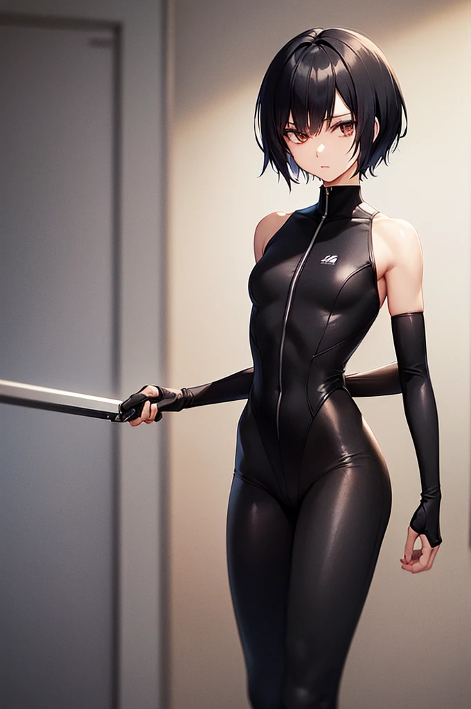 masterpiece, best quality,anime style, 1 girl,(((slender body))), (((small eyes))),(((athlete suit))), (beautiful face), (((short hair))), (((straight hair))), ((((black hair)))),detailed beautiful skin, (perfect hands, perfect anatomy),scream