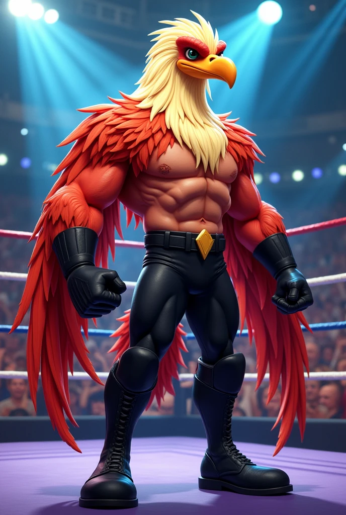 Cartoon vulture dressed like WWE wrestler Greg the hammer Valentine, with a no shirt, long blond hair, black trunks, and black boots 