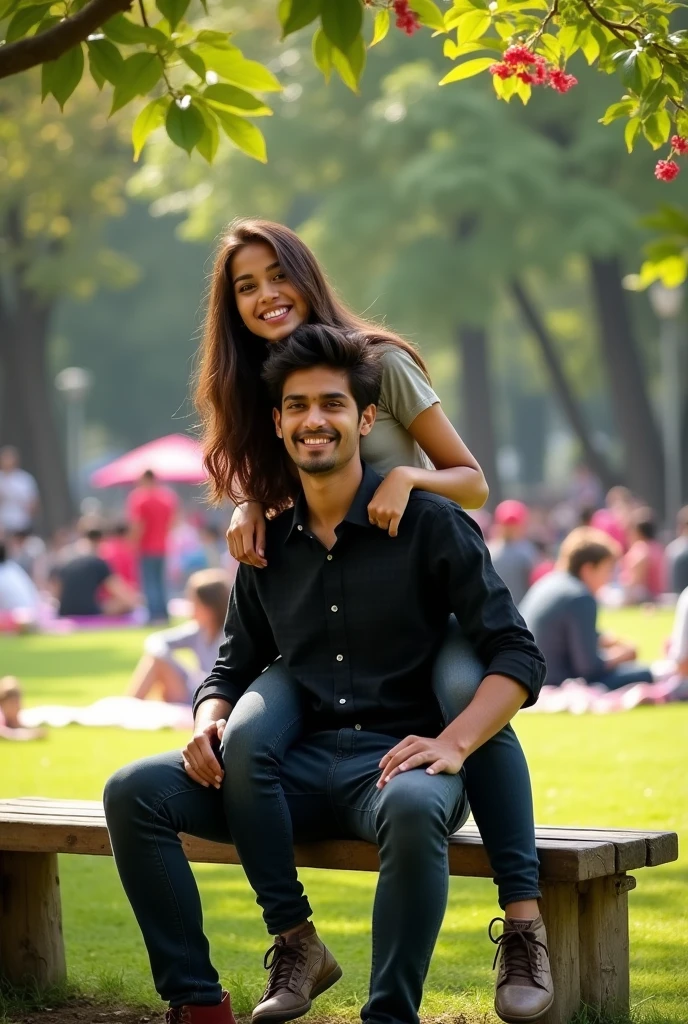 A scene from Delhi park showing a 18 year-old dark-haired Indian boy and a 20-year-old brown-haired blonde Russian girl sitting on the lap of the Indian boy who is wearing a black checked shirt and jeans