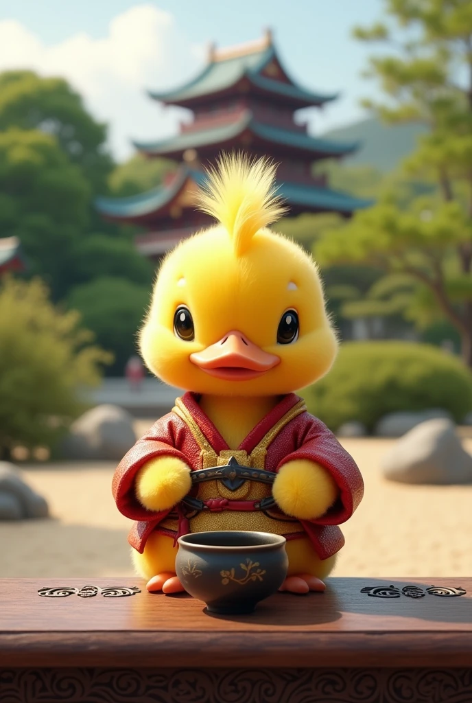 Yellow soft fur duck with pony tail hair wearing gold and red samurai costume sitting behind apanese table in front, japanese tea cup on the japanese table, zen garden background with japanese castle