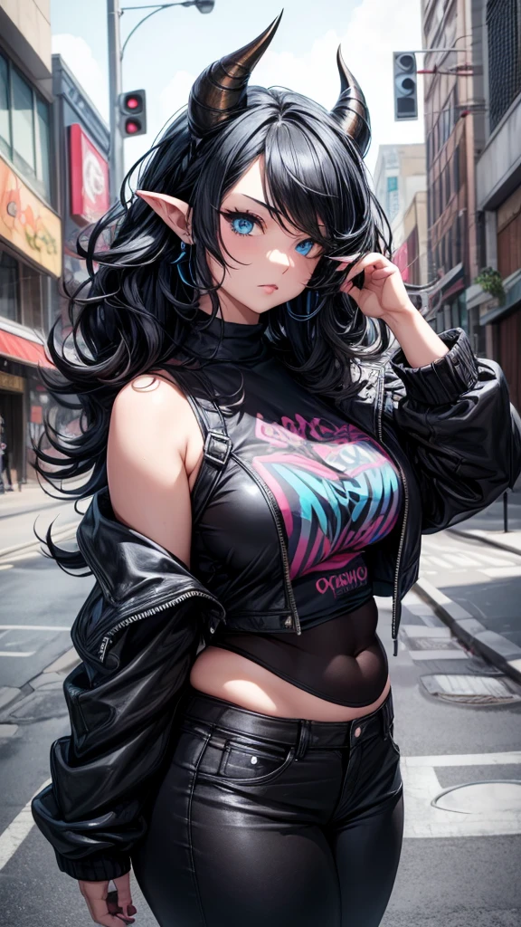 Adult female, curvy body, thick body, DD size breasts, dark BLACK hair, shoulder length hair, dark BLACK hair in a shoulder length wolf cut, light cyan blue eyes, curly ram horns on top of head, pointy ears, mature face, very beautiful, loose top, pants, punk style clothes, posing, city street.