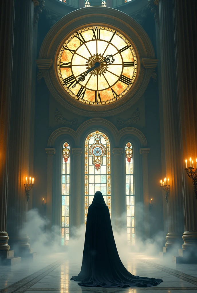 A human figure standing in front of a huge clock