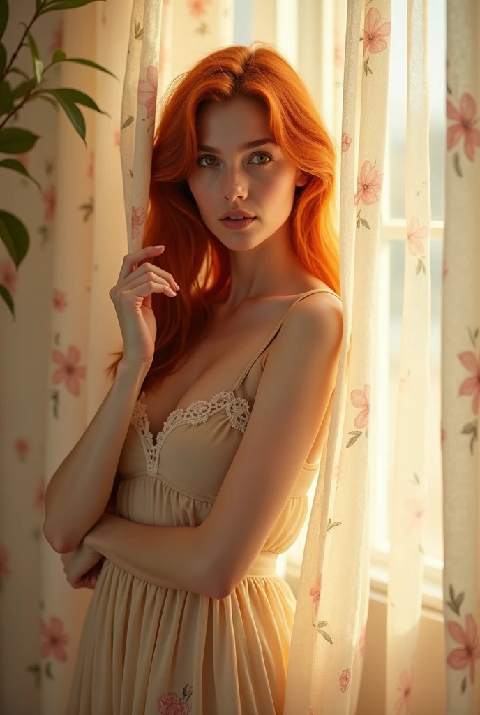 super beautiful naked redhead woman, behind the curtain