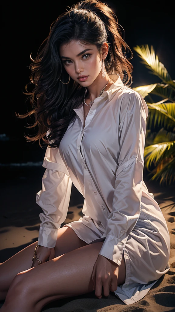 ((masterpiece, Best quality, a high resolution, ultra detailed),(beautiful and aesthetically pleasing:1.2), 1 woman, adult, perfect body, Wavy dark hair, hair pulled back into a beautiful ponytail, Detailed eyes and face, long oversized shirt, swimsuit, bikini, beach, sea, sand, Palm tree,whole body,((( beach at night))), full moon, (((dark image, dark background))), white over sized long sleeve buttoned shirt,