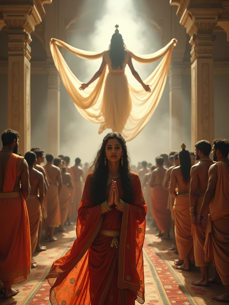 Create a dramatic and emotional scene from the Mahabharata, focusing on the moment of Draupadi's Chir Haran. Draupadi is shown in the foreground, dressed in rich traditional attire, with a sorrowful expression, hands clasped in prayer. Lord Krishna, appearing divine with a radiant aura, is in the background extending his hands, miraculously providing an endless sari to protect Draupadi. The setting is a grand, ancient Indian royal court filled with numerous onlookers. The architecture is detailed with ornate columns and arches, creating an atmosphere of grandeur and tension."