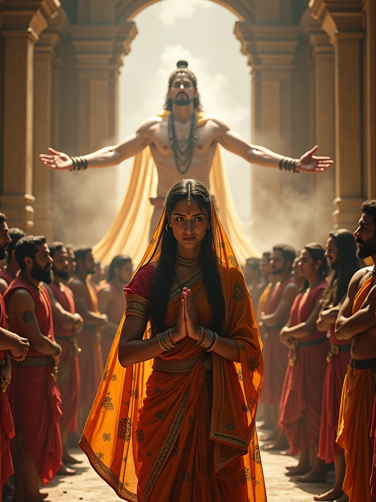 Create a dramatic and emotional scene from the Mahabharata, focusing on the moment of Draupadi's Chir Haran. Draupadi is shown in the foreground, dressed in rich traditional attire, with a sorrowful expression, hands clasped in prayer. Lord Krishna, appearing divine with a radiant aura, is in the background extending his hands, miraculously providing an endless sari to protect Draupadi. The setting is a grand, ancient Indian royal court filled with numerous onlookers. The architecture is detailed with ornate columns and arches, creating an atmosphere of grandeur and tension."
