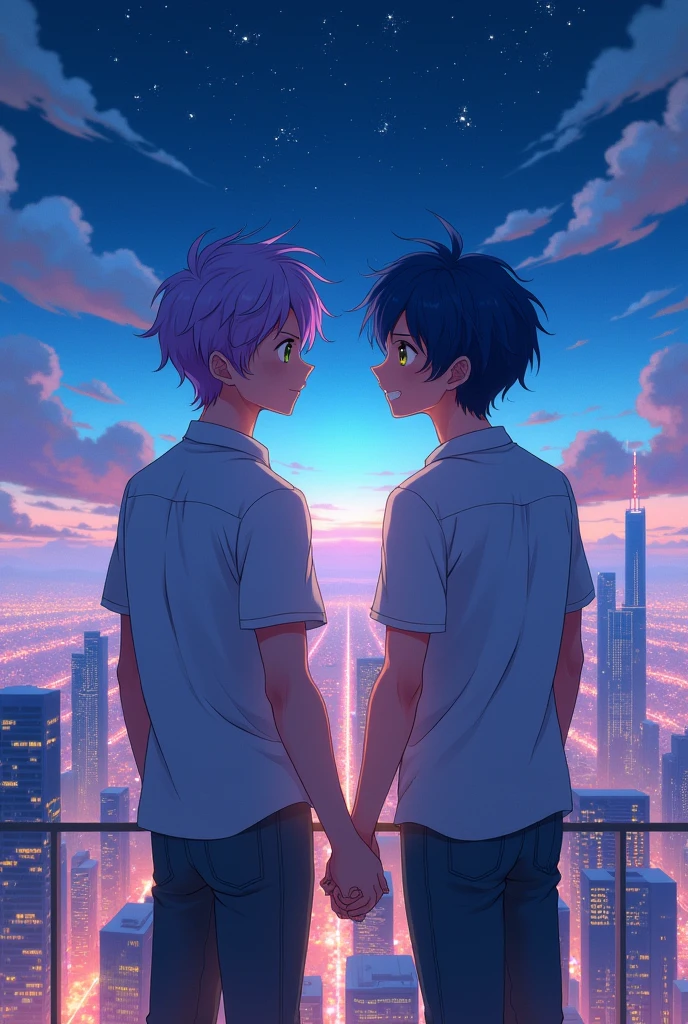 tall building, from the heights, anime, night with many stars, gay men, holding hands