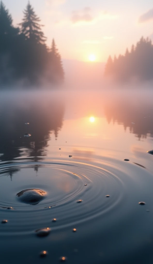 A captivating low-angle view of a lake at dawn, with mist swirling gently over the calm water. The soft, warm colors of the sunrise are reflected on the lake’s surface, blending with the mist to create a serene and tranquil atmosphere. The foreground includes close-up details of the water’s surface, with the rising sun just beginning to cast its first light on the scene. The low-angle perspective emphasizes the stillness and beauty of the early morning moment.