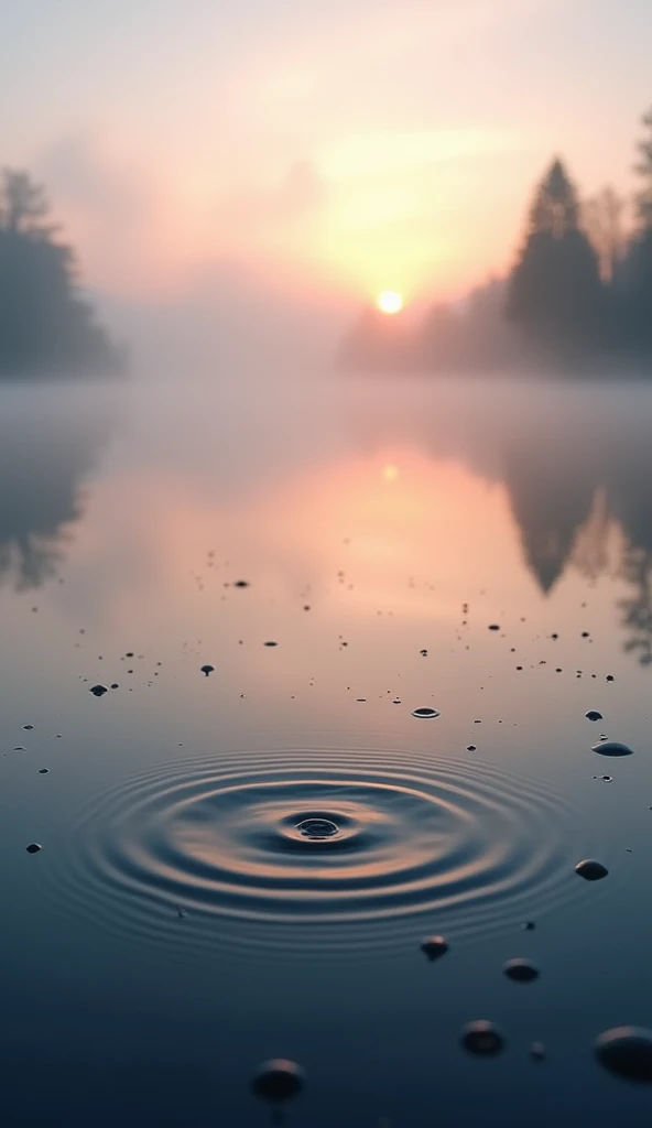A captivating low-angle view of a lake at dawn, with mist swirling gently over the calm water. The soft, warm colors of the sunrise are reflected on the lake’s surface, blending with the mist to create a serene and tranquil atmosphere. The foreground includes close-up details of the water’s surface, with the rising sun just beginning to cast its first light on the scene. The low-angle perspective emphasizes the stillness and beauty of the early morning moment.
