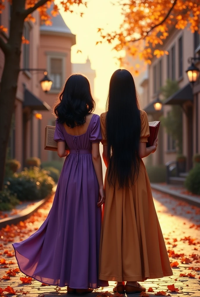 Make me two friends with their backs to me, each one reading a book, Let the books be seen, one with shoulder length wavy hair and the other with long hair, straight hair, Both with black hair and dress them as witches without hats, one in a purple dress and the other in a rolled-up dress with a Disney, magical, old-fashioned style, and the scenery of Salem.