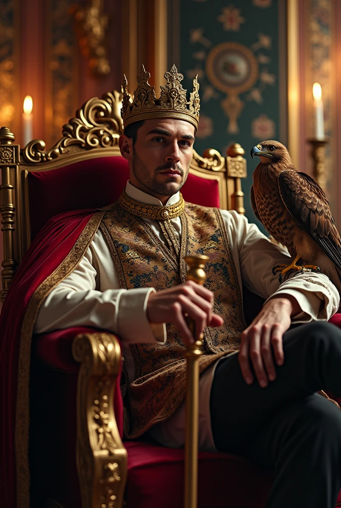 Stately, stark, He is a handsome emperor with European features wearing a crown and holding a scepter, sitting on a throne with a falcon.. 