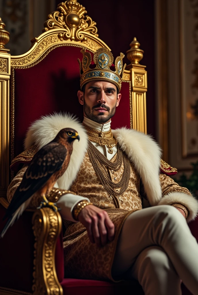 Stately, stark, He is a handsome emperor with European features wearing a crown and holding a scepter, sitting on a throne with a falcon.. 