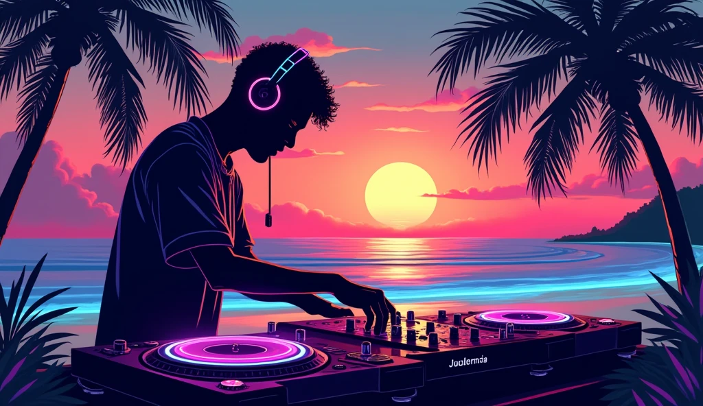 artistic illustration, a DJ , in the background a beach with a sunset, neon energy