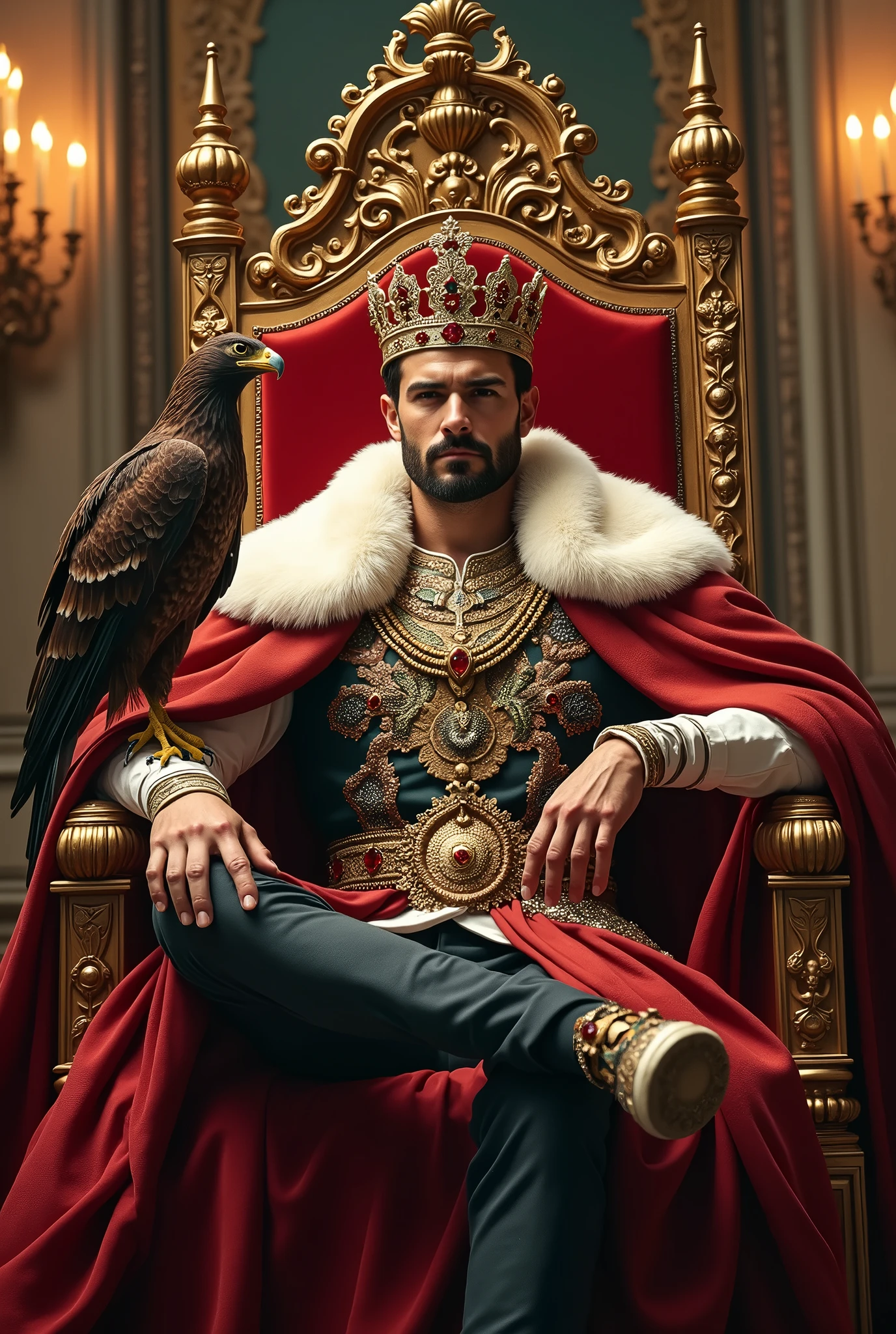 Imposing, strong, and handsome emperor with European features wearing a crown and holding a scepter sitting on a throne with a falcon. 