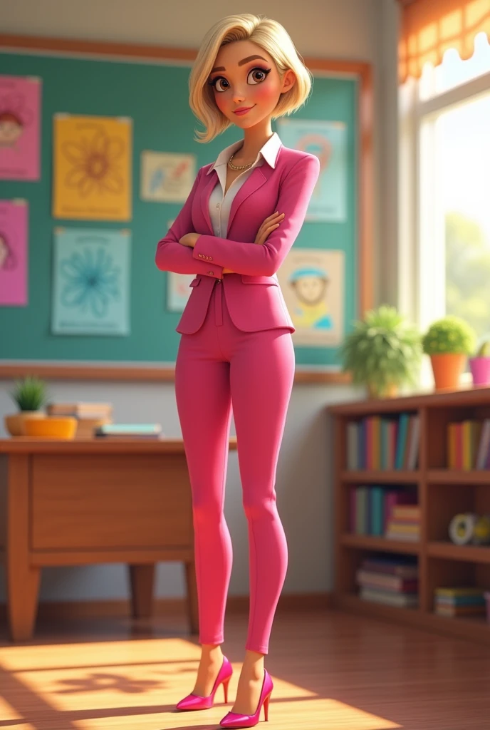 Disney Pixar type image of a tall teacher, slim, white tea, very short blonde hair, big brown eyes, with pink suit and white shirt, pink high heel shoes 