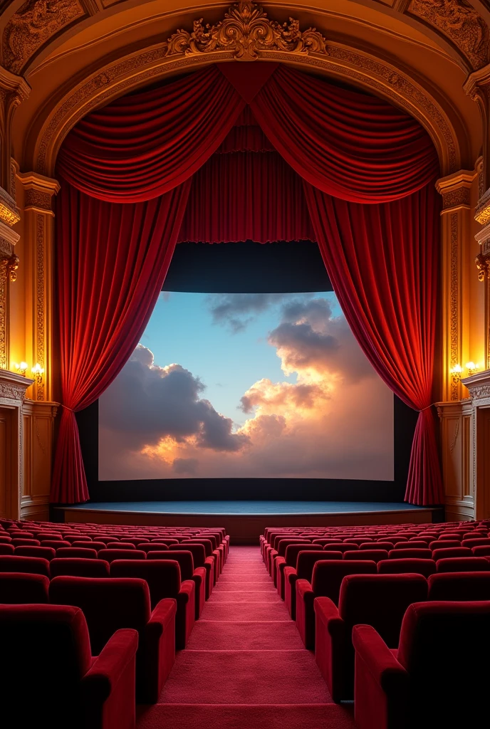 Create an image of a movie theater where you can put a video over the image, specifically on the curtain, that the curtain is very large to simulate that you are watching a movie