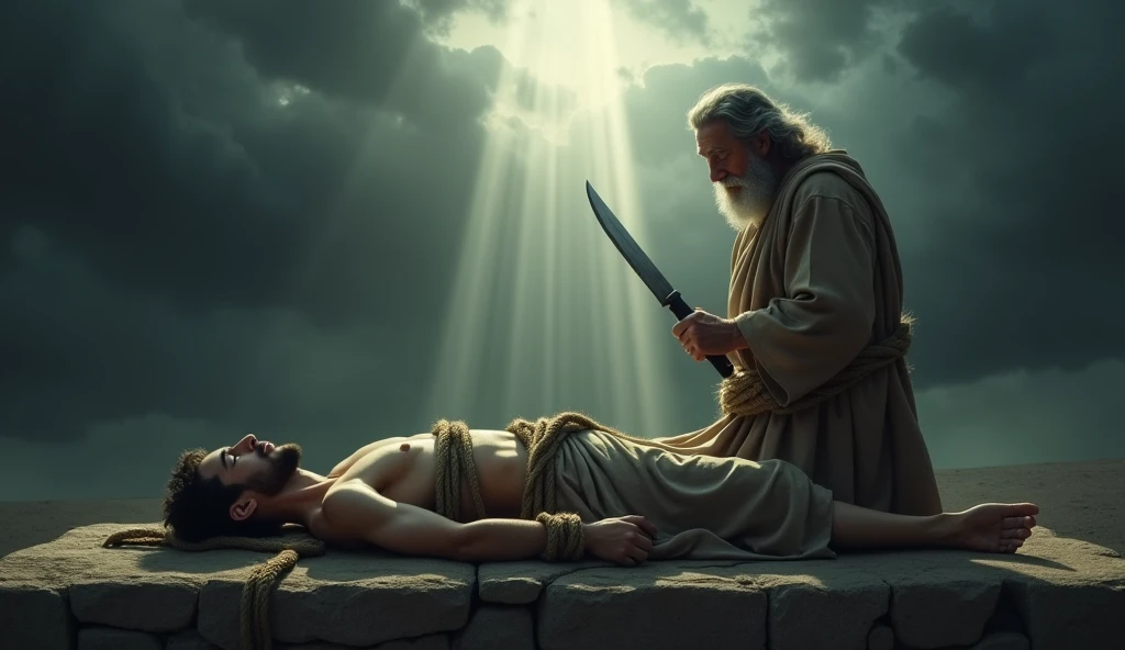 "Create a detailed digital artwork of the biblical scene where Abraham is about to sacrifice his son Isaac, who is around 20 years old. Isaac lies on a stone altar, his body tightly bound with ropes that coil around his torso and limbs. His eyes are closed, and his expression is peaceful, showing complete resignation as if he is asleep. Abraham, an elderly man with a sorrowful yet determined expression, stands over him, holding a knife. A beam of divine light breaks through the dark, stormy sky, illuminating the scene with a dramatic glow, while the background remains shrouded in deep shadow. The image should focus on the realistic details of the ropes, the stone altar, the emotional depth in the characters' faces, and the interplay of light and shadow, all in a high-definition digital art style."