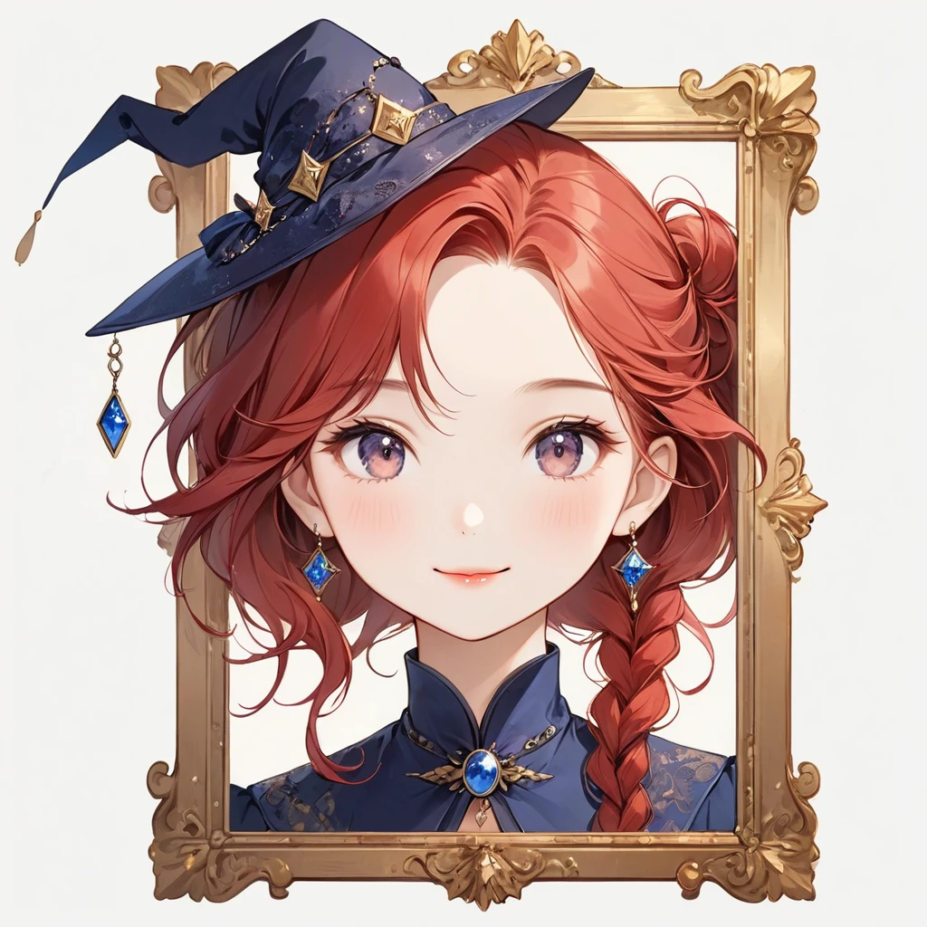(Blank Background:2),(White background:2), (No background:2),1 female、Around 20 years old、human、(whole body:1.5)、(((Draw within the frame、Draw to fit within the canvas)))、Abstract art, (((The most beautiful girl of all time))), Cute Face. Lips in Love, Stylish design、witch、witchの服装、witchの帽子、Small hat、Smile、Tarot card style、antique、antique調、antiqueデザイン、Picture Frame、Different women、Red Hair、Long Hair、Change clothes、